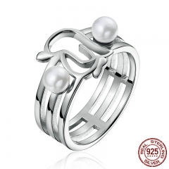 Genuine 925 Sterling Silver Openwork Penguins & Simulated Pearl Finger Ring for Women Anniversary Jewelry Gift SCR152 RING-0170