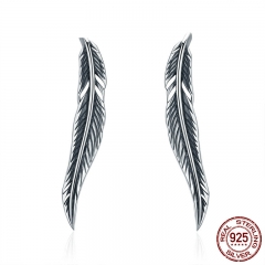 Authentic 100% 925 Sterling Silver Feathers Wing Stud Earrings With White Clear CZ for Women Anniversary Jewelry SCE258 EARR-0016