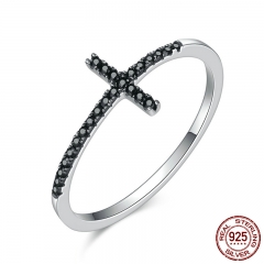 Popular 925 Sterling Silver Faith Cross Shape Finger Rings for Women ,Black Clear CZ Sterling Silver Jewelry Gift SCR067 RING-0152