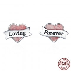 Real 925 Sterling Silver Heart Ribbon & Pink Enamel Female Stud Earrings for Women Sterling Silver Jewelry Gift SCE177 EARR-0194
