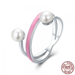 100% Real 925 Sterling Silver Elegant Pink Enamel Freshwater Pearl Finger Rings for Women Sterling Silver Jewelry SCR234 RING-0288