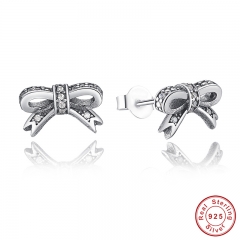 Delicate 100% 925 Sterling Silver Sparkling Bow Stud Earrings With Clear CZ Women Party Luxury Jewelry PAS407 EARR-0014