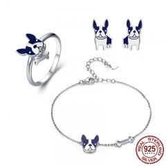 100% Genuine 925 Sterling Silver French Bulldog Doggy Ring & Bracelet & Earrings Jewelry Set Silver Jewelry Gift ZHS054 SET-0050