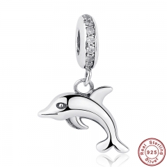 Free Ship 925 Sterling Silver New Gift Naughty Playful Dolphin, Clear CZ Bead Fit Original Bracelet Necklace DIY Jewelry PAS114 CHARM-0057