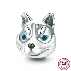 100% 925 Sterling Silver Dog Head Cute Husky Poodle Animal Charm Beads fit Charm Bracelet Bangles Jewelry Making SCC836 CHARM-0879