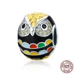 Genuine 925 Sterling Silver & Gold Enamel Animal Owl Charm Beads fit Women Charm Bracelet & Bangles Jewelry Gift SCC468 CHARM-0450