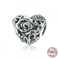 Romantic New 925 Sterling Silver Rose Flower Engrave Heart Beads fit Charm Bracelets & Bangles DIY Jewelry Making SCC790 CHARM-0811