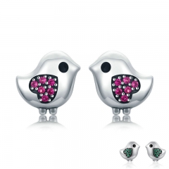 Hot Sale 100% 925 Sterling Silver Cute Little Bird Pink Crystal Stud Earrings for Women Fashion Jewelry Brincos SCE319 EARR-0330