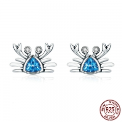 100% 925 Sterling Silver Cute Ocean Crab Small Blue CZ Stud Earrings for Women Fashion Earrings Jewelry Gift S925 SCE413 EARR-0414