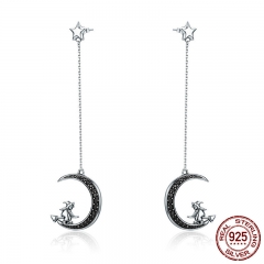 Real 925 Sterling Silver Magic Witch in Moon Star Black CZ Long Drop Earrings for Women Sterling Silver Jewelry SCE287 EARR-0301