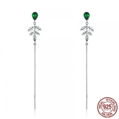 New Arrival 100% 925 Sterling Silver Spring Tree Leaves Green CZ Long Drop Earrings for Women Fashion Jewelry S925 SCE333 EARR-0340