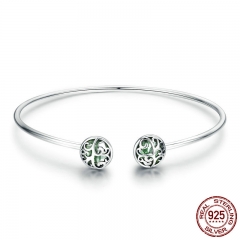 Genuine 925 Sterling Silver Tree of Life Green Crystal CZ Women Open Cuff Bangle & Bracelet Luxury Silver Jewelry SCB057 BRACE-0077