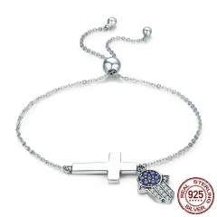 925 Sterling Silver Hamsa Hand & Cross Faith Power Lace up Women Link Bracelet Sterling Silver Jewelry Gift SCB028 BRACE-0043