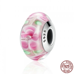 High Quality Authentic 925 Sterling Silver Romantic Pink Flower Murano Glass Beads fit Charm Bracelet Jewelry SCZ057 CHARM-1027