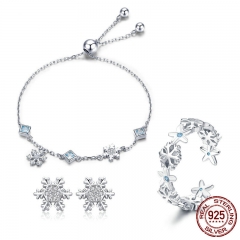 Fashion 925 Sterling Silver Winter Gift Snowflake Bracelets & Earrings & Rings Jewelry Sets Sterling Silver Jewelry Set TAO-0061