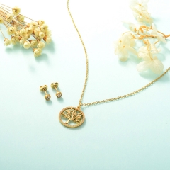 joyeria conjunto de collar y aretes en acero quirurgico y cobre chapado en oro dije de arbol de vida con zirconia XXXS-0247B